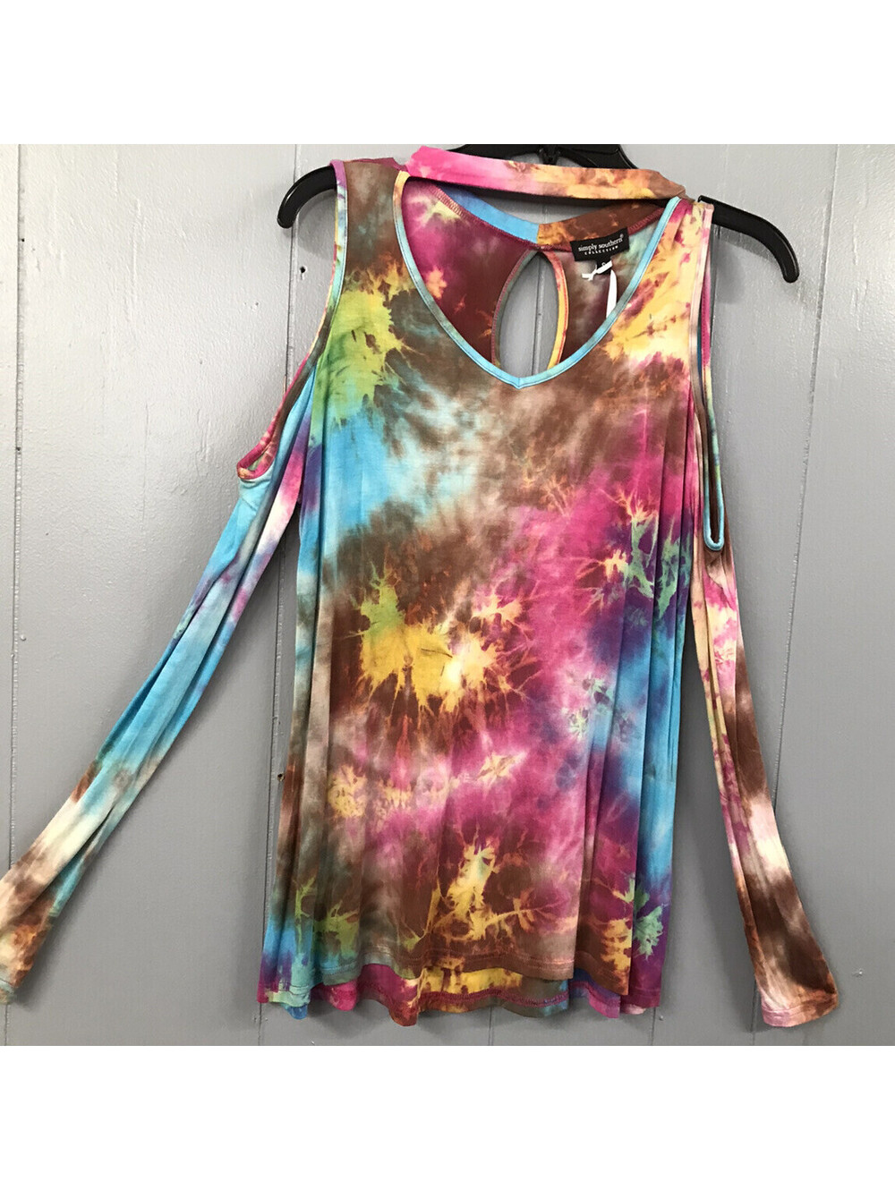 Simply Southern Cold Shoulder Top. Tye-Dye. Yellow Blue Pink. Size Small. NWT